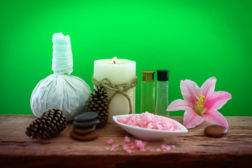 Spa massage compress balls, herbal ball on the wooden with treaments spa , Thailand, soft and select focus.