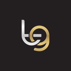 Initial lowercase letter tg, linked overlapping circle chain shape logo, silver gold colors on black background