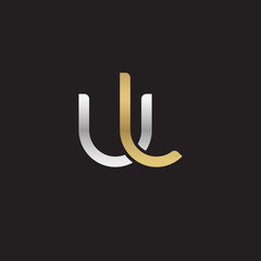 Initial lowercase letter ul, linked overlapping circle chain shape logo, silver gold colors on black background