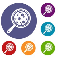 Pizza with ingredients on board icons set