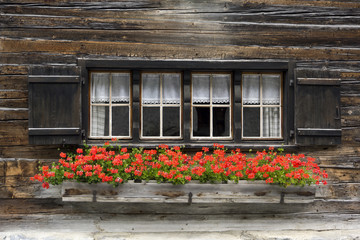 Fototapeta na wymiar Fenster mit Geranien, Holzhaus / Chalet