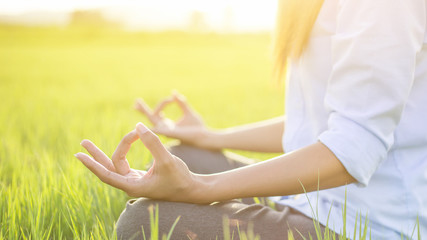 close-up for hand woman with yoga posture in the green meadow at sunset; Lotus Yoga.