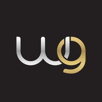 Initial lowercase letter wg, linked overlapping circle chain shape logo, silver gold colors on black background