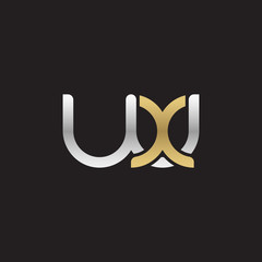 Initial lowercase letter wx, linked overlapping circle chain shape logo, silver gold colors on black background