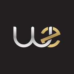 Initial lowercase letter wz, linked overlapping circle chain shape logo, silver gold colors on black background