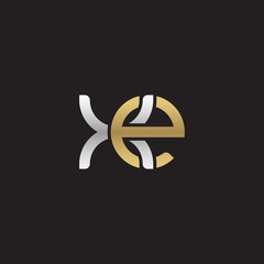 Initial lowercase letter xe, linked overlapping circle chain shape logo, silver gold colors on black background