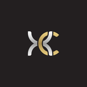 Initial lowercase letter xc, linked overlapping circle chain shape logo, silver gold colors on black background