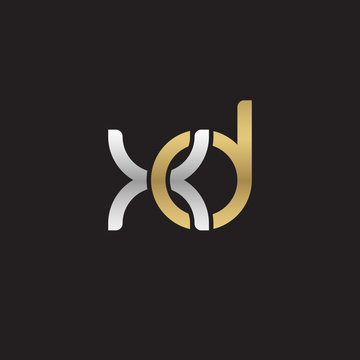 Initial lowercase letter xd, linked overlapping circle chain shape logo, silver gold colors on black background