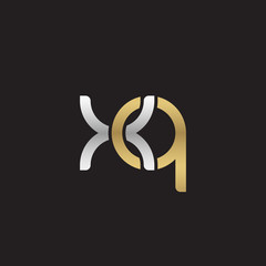 Initial lowercase letter xq, linked overlapping circle chain shape logo, silver gold colors on black background
