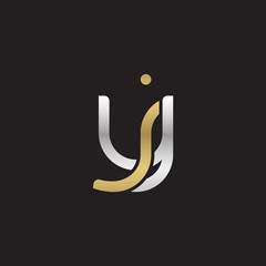 Initial lowercase letter yj, jy, linked overlapping circle chain shape logo, silver gold colors on black background
