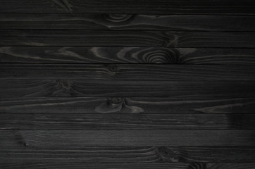 Dark black wood texture background viewed from above. The wooden planks are stacked horizontally