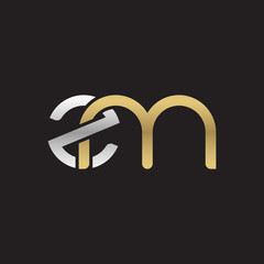 Initial lowercase letter zm, linked overlapping circle chain shape logo, silver gold colors on black background