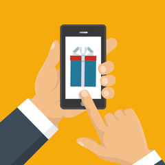 Gift app page on smartphone screen. Hand hold smartphone. Mobile concept for web banners, web sites, infographics. Vector illustration