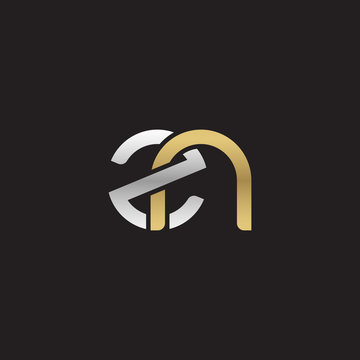 Initial lowercase letter zn, linked overlapping circle chain shape logo, silver gold colors on black background