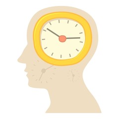 Head with clock icon, cartoon style