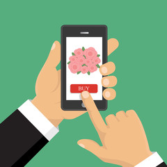 Hand hold smart phone. Application of online flower delivery. Flat vector illustration