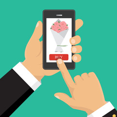 Hand hold smart phone. Application of online flower delivery. Flat vector illustration