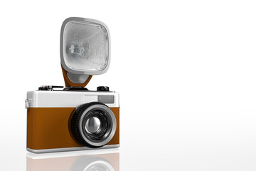 3d rendering of a retro vintage camera with flash on top isolated on white background with clipping paths for easy to split out.