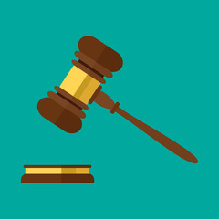 A wooden judge gavel, hammer of judge or auctioneer and soundboard, vector illustration. Flat style isolated on background