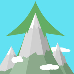 Vector graphics, flat. Business concept. Mountains and up arrow. Success symbol