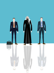 Arabic businessmen in front of oil industry emblem with his team. Concept of success, leadership and victory in business.
