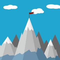 Vector graphics, flat style. Business concept. Mountains and up arrow. Flag on top of the mountain. Success symbol