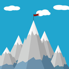 Vector graphics, flat style. Business concept. Mountains and up arrow. Flag on top of the mountain. Success symbol