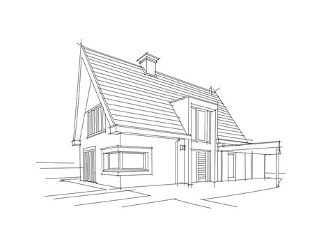 Architectural Drawing Of A Privat European House. Vector.