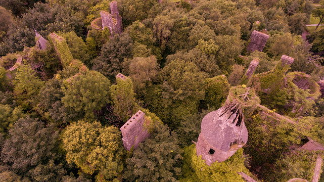Aerial view of ruined castle with chimneys and turret overgrown with trees