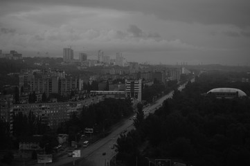 View of the city. Cloudy gloomy rainy day