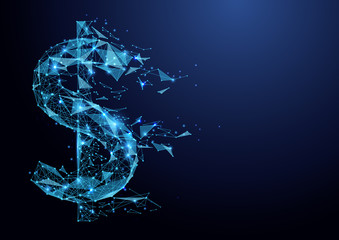Abstract low polygon American dollar icon wireframe mesh on blue background