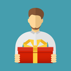 Man holding big ribbon bow wrapped gift box in his arms. Flat style vector illustration,  isolated on white background.