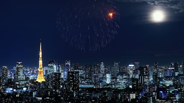 東京風景　コラージュ　都心に舞う花火