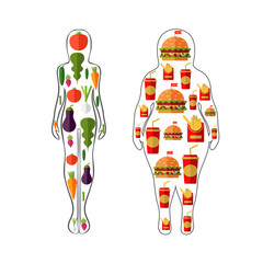 Vector female silhouette with fruits and vegetables. Illustration of a healthy lifestyle.