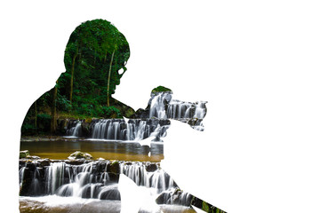 Double exposure portrait of photographer combined with photograph of waterfall