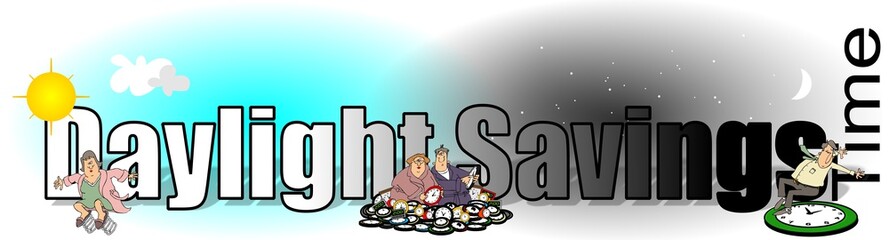 Illustration of the words Daylight Savings Time with a woman spring forward and a man falling back onto a clock.