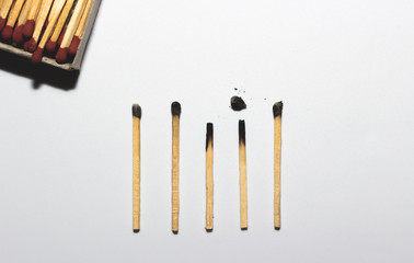 Close up fire match after burn on white background