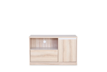 Wooden table for  put television on top isolated on white background with space for copy.
