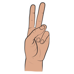 Human hand,  two fingers, fingers showing symbol of a peace, victory. Vector isolated sketch style, hand drawn illustration
