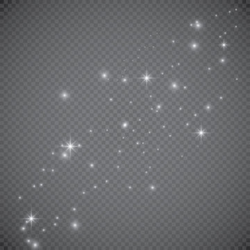 Vector white glitter wave abstract illustration. White star dust trail sparkling particles isolated on transparent background. Magic concept.