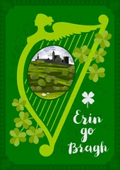 Aluminium Prints Green Vector greeting card. Harp, Irish landscape with Cashel castle, clover leaves and lettering quote.