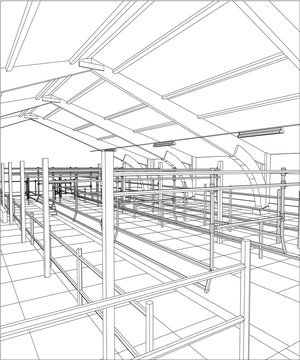 Abstract industrial building constructions indoor. Tracing illustration of 3d.