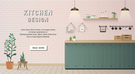 Pastel green Kitchen Interior design on pink brick wall banner with text and read more button  for website or cover