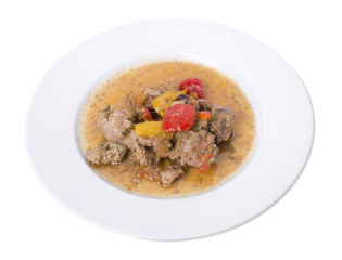 Roast chicken with gravy and vegetables.