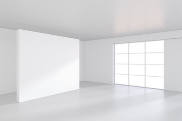 Fototapeta premium White billboard standing near a window in a white room. 3D rendering.