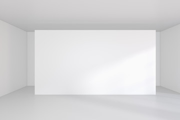 White billboard in an empty office with large windows and beautiful diffused light from the window. 3D rendering.