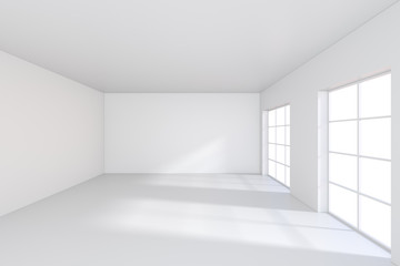 Fototapeta premium Pusty biały pokój z dużymi witrażami. Renderowanie 3D.
