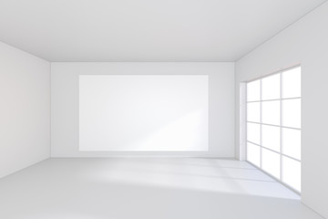 Naklejka na ściany i meble White billboard standing near a window in a white room. 3D rendering.