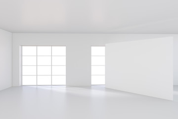 White billboard standing near a window in a white room. 3D rendering.