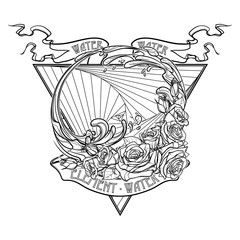 Alchemic Element of water sign. Down pointing triangle with rose garland and water splashes. Concept design for the tattoo, colouring book or postcard. EPS10 .